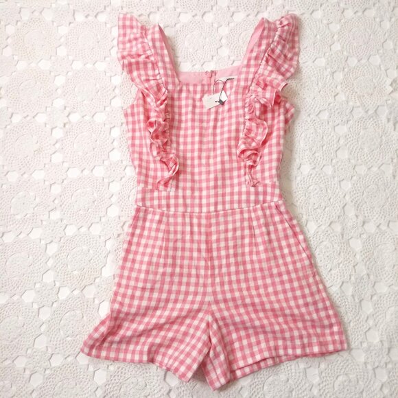 jaspal Pants - New Jaspal Romper Pink White Gingham Ruffle Flange Pinafore Rockabilly XS Women